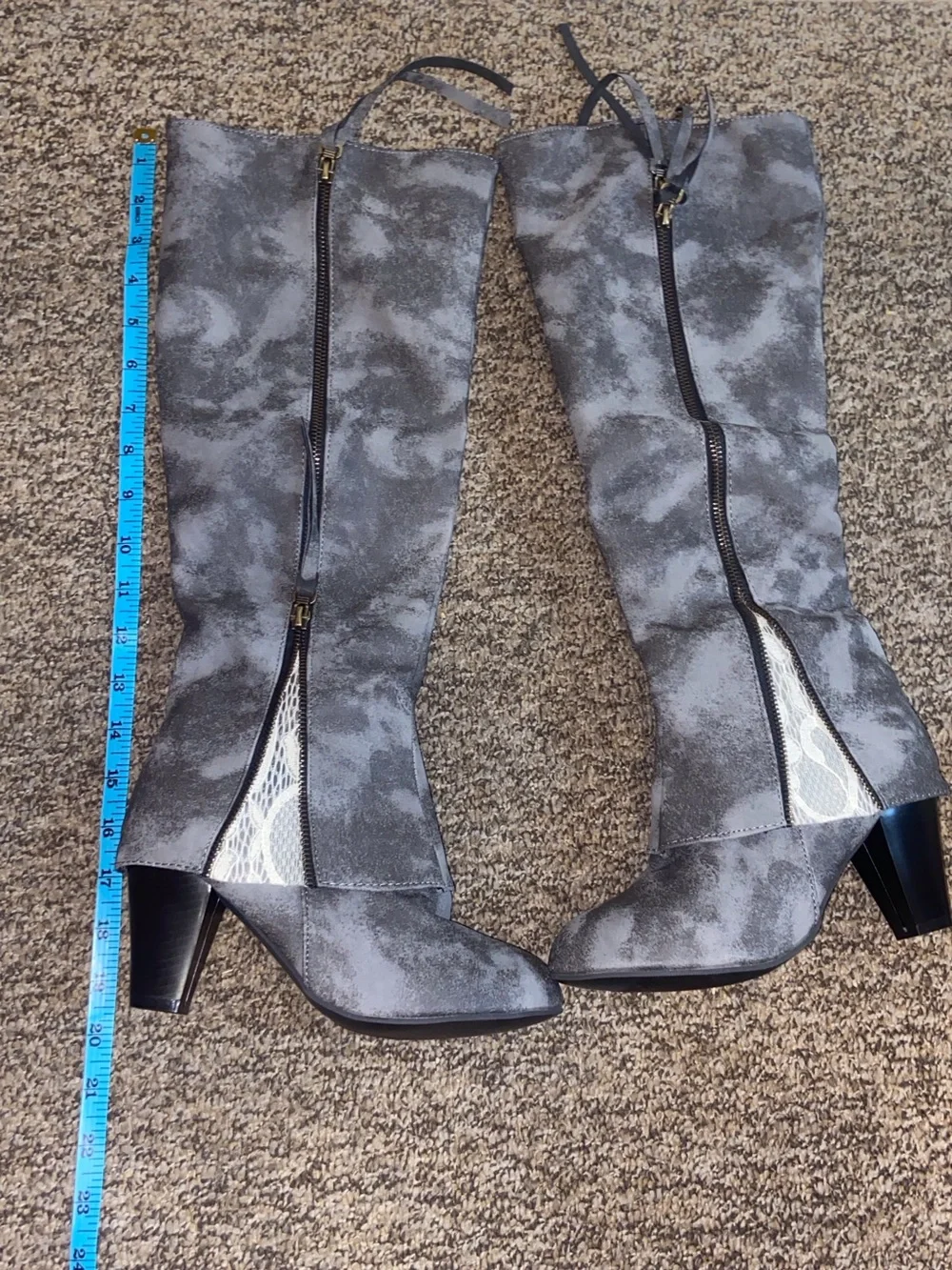 Women's Gray Faux Suede-Look Knee Boots with Side Zipper